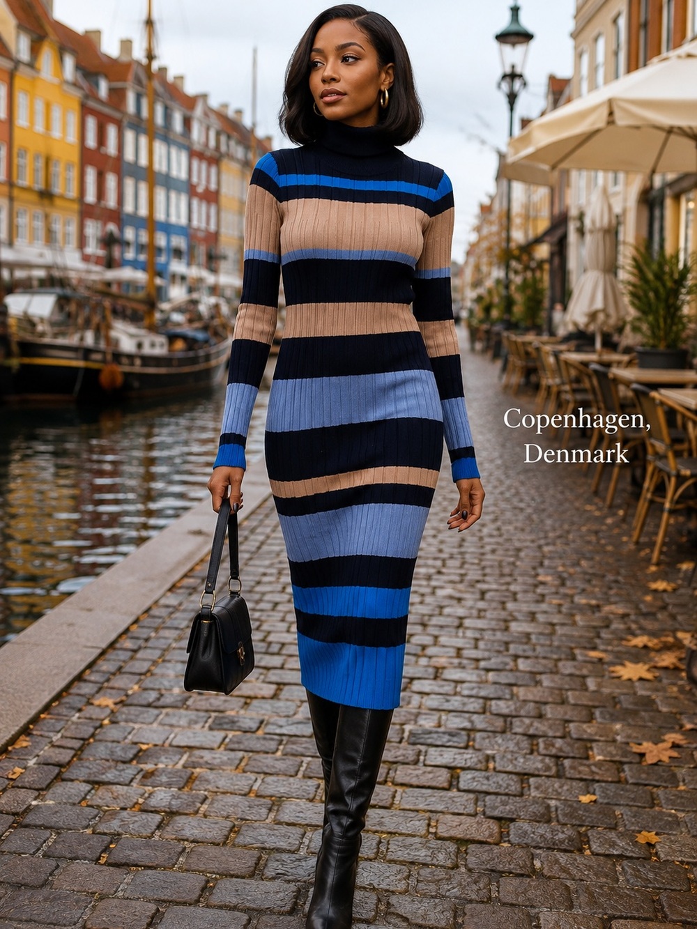 Ann Taylor Striped Ribbed Turtleneck Midi Dress in Blue, Tan & Black